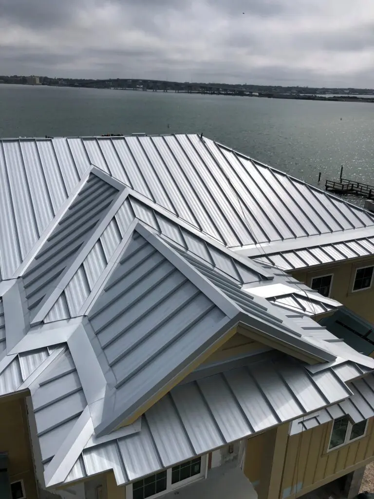 aerial view of the metal roof of a house